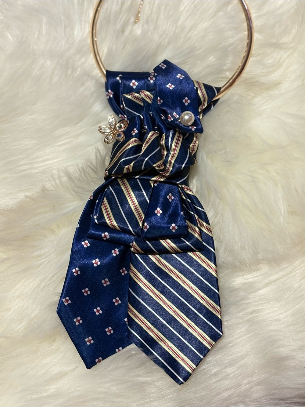 Navy Patterned Silk Scarf Necklace with Pearl & Brooch Accent